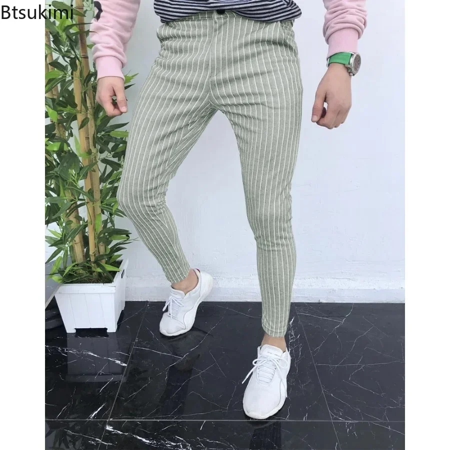New 2025 Men's Casual Pants Men Stretch Ankle-length Pants Pencil Pants with Pockets Male Fashion Slim Striped Business Trousers