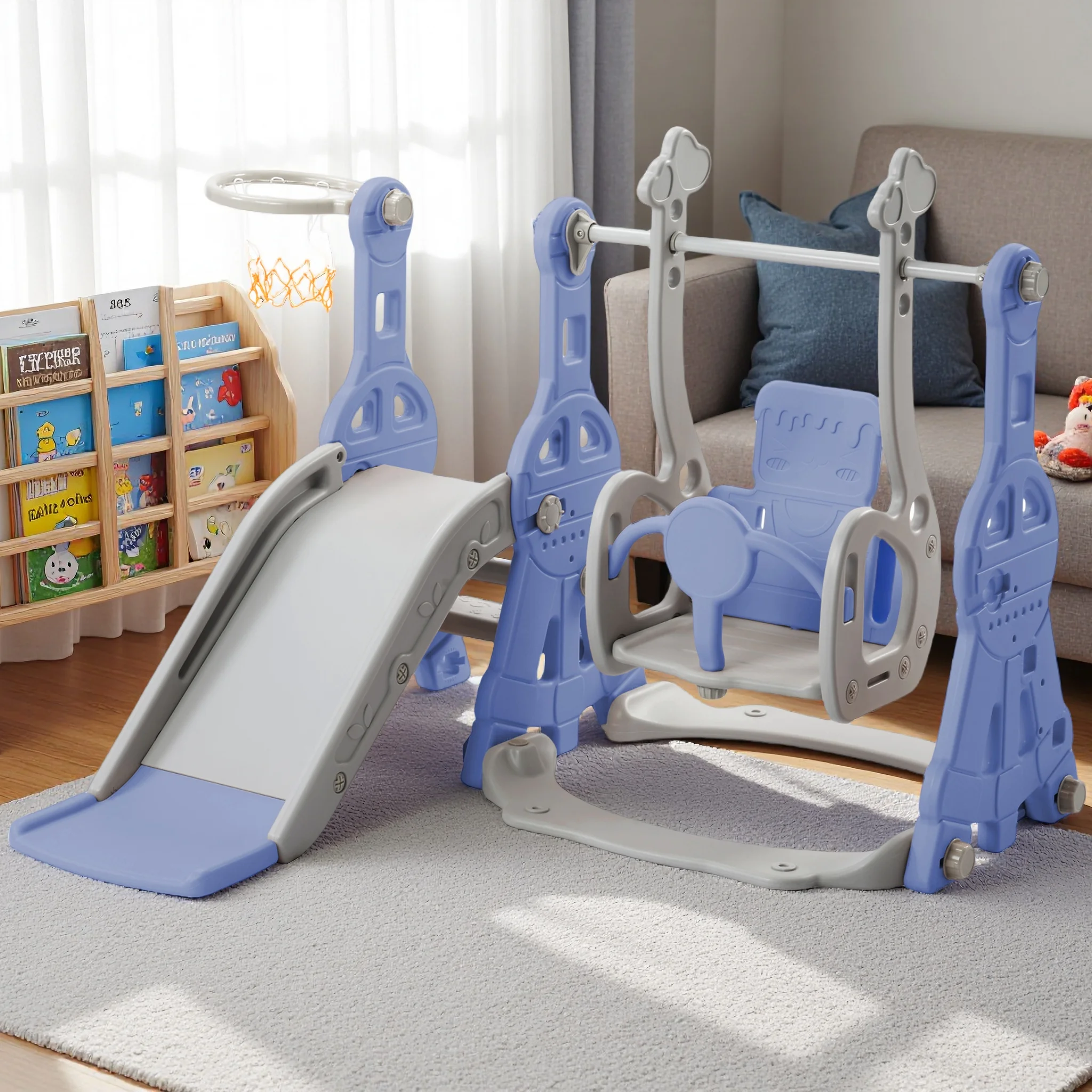 Tobogán Infantil Rosahqnda ​   Columpio con Aro de Baloncesto, para Niños de 1 a 6 Años, Certificado EN71, para Interiores y Exteriores, con Escalera, Rosa, Azul