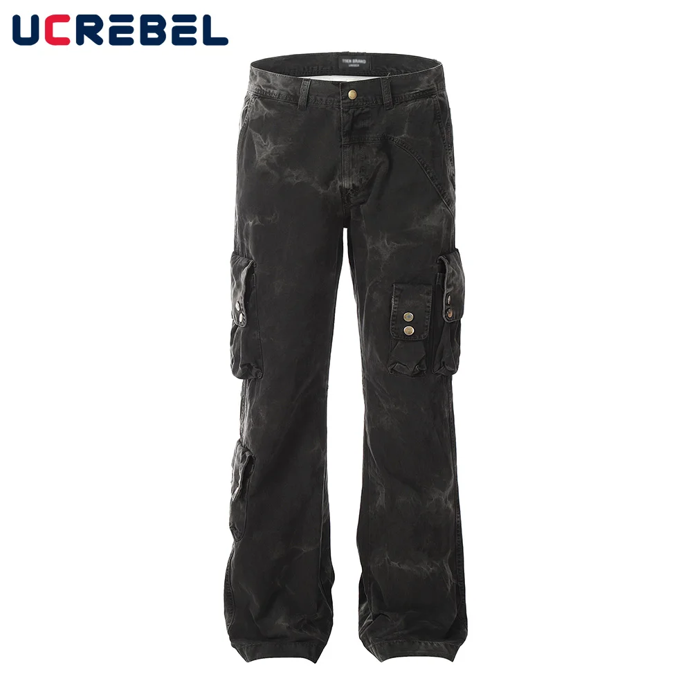 

Multi-Pocket Cargo Pants Mens High Street Washed Distressed Spliced Straight Loose Trousers Men