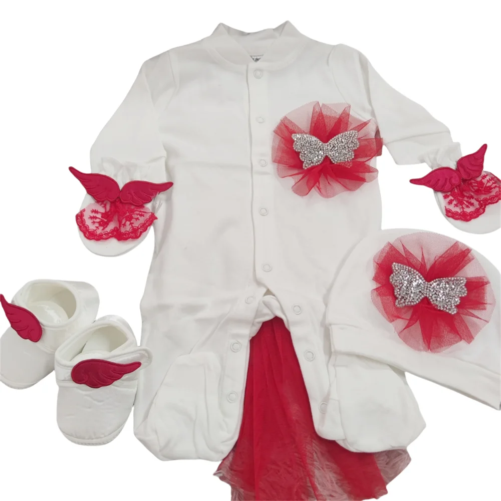 Red Tulle Rhinestone Bow Angel Wing Baby Footed Romper Newborn 0-9 Months 4Pcs White Princess Baptism Gift
