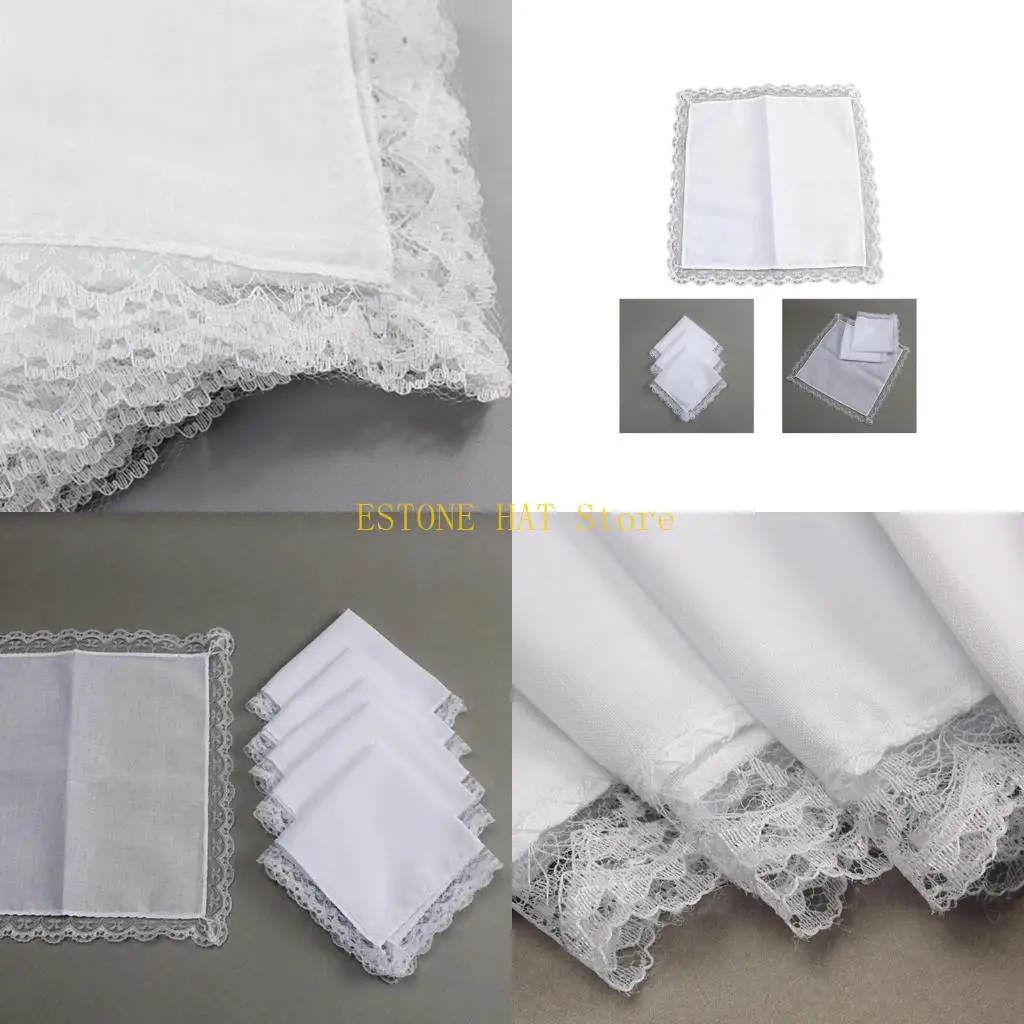 

49MF Cotton Handkerchiefs Women Classical Washable Lace Trim Hankie Graffiti Embroidery Tie-dye Handkerchiefs for Adult Kids