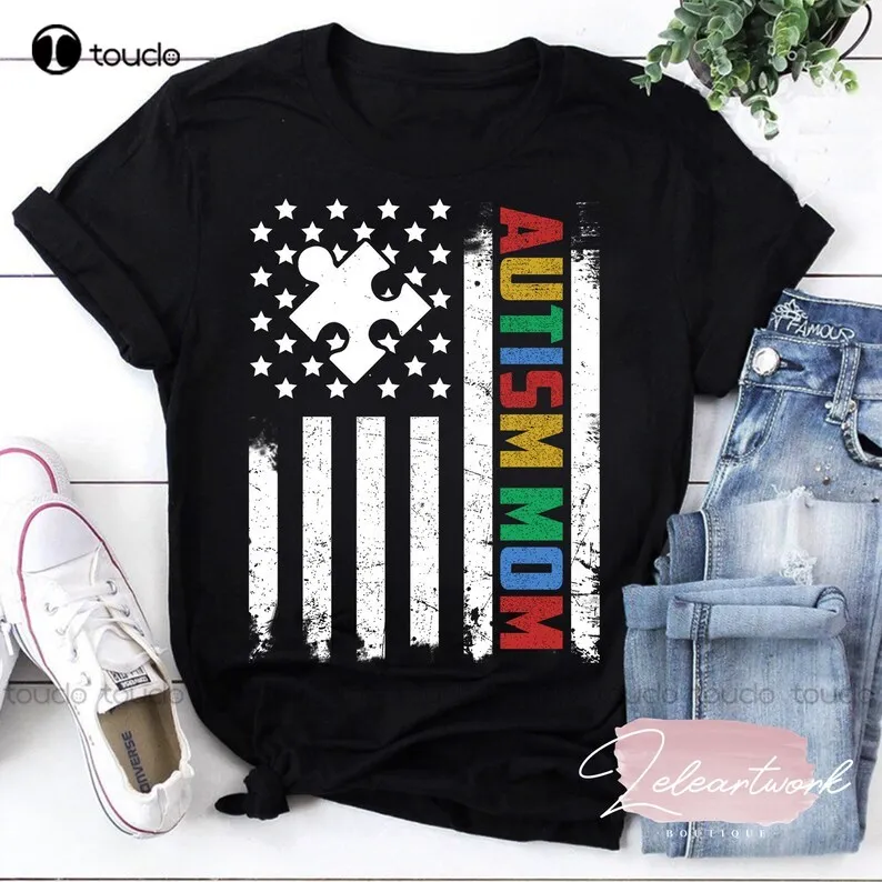 Autism Mom America Flag Vintage T-Shirt, Autism Shirt, Autism Awareness Shirt, America Flag Shirt, Mother'S Day Gift Xs-5Xl