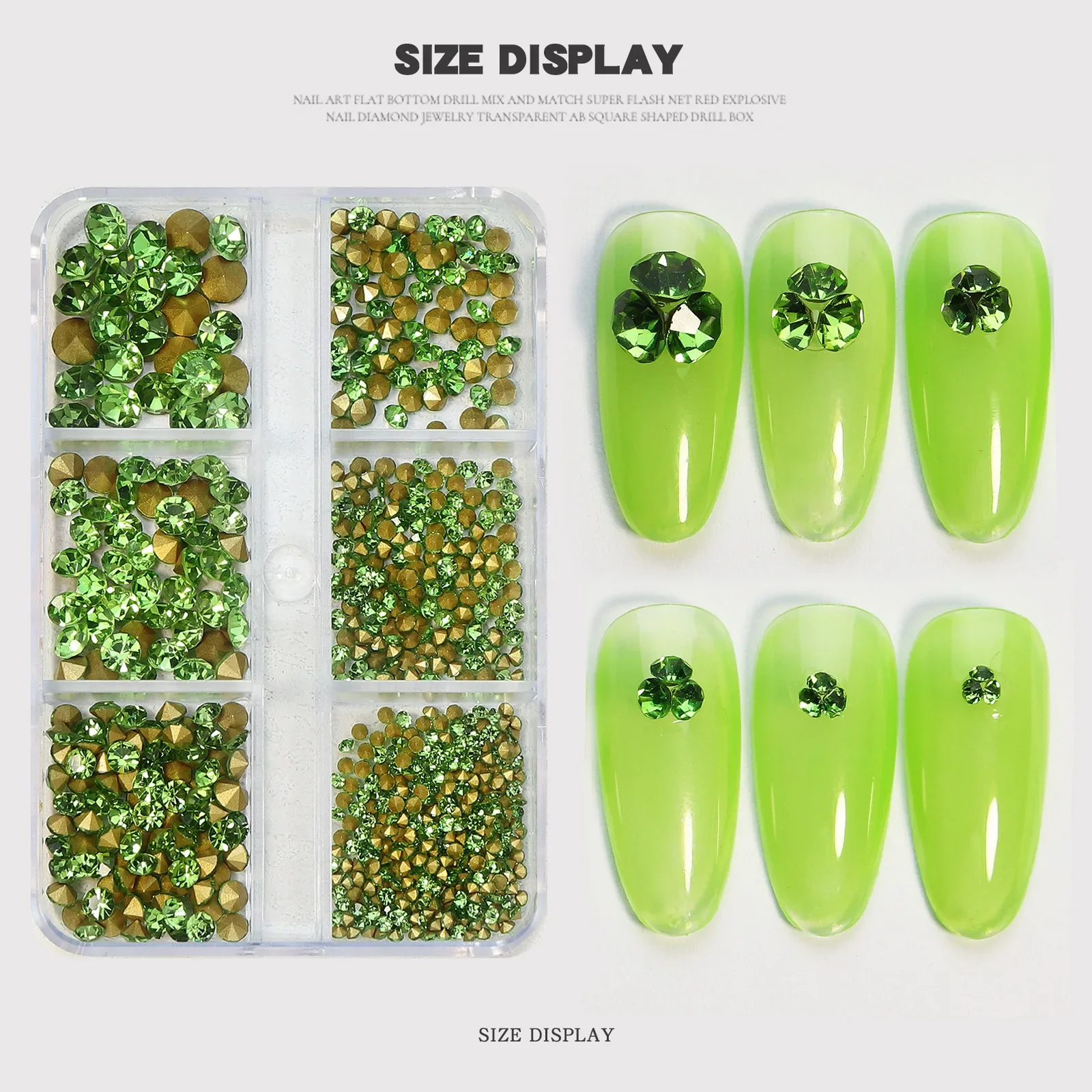 6 Grid Box of Nail Art Rhinestones Strass Gems, Pointed Bottom for UV Gel Polish, DIY 3D Decoration Jewelry