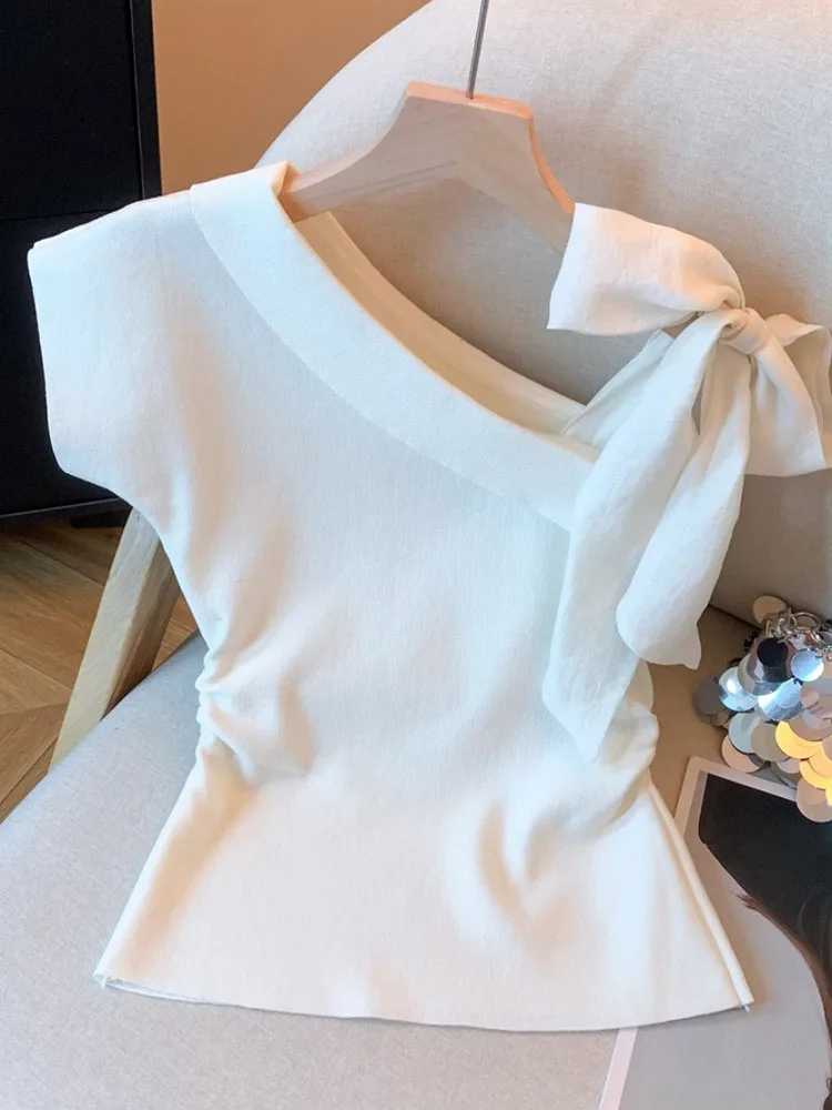 

Women's Summer Knitted Top French Style Butterfly Knot Casual Sleeveless Asymmetrical Waist-Cinching Off Shoulder Shirt