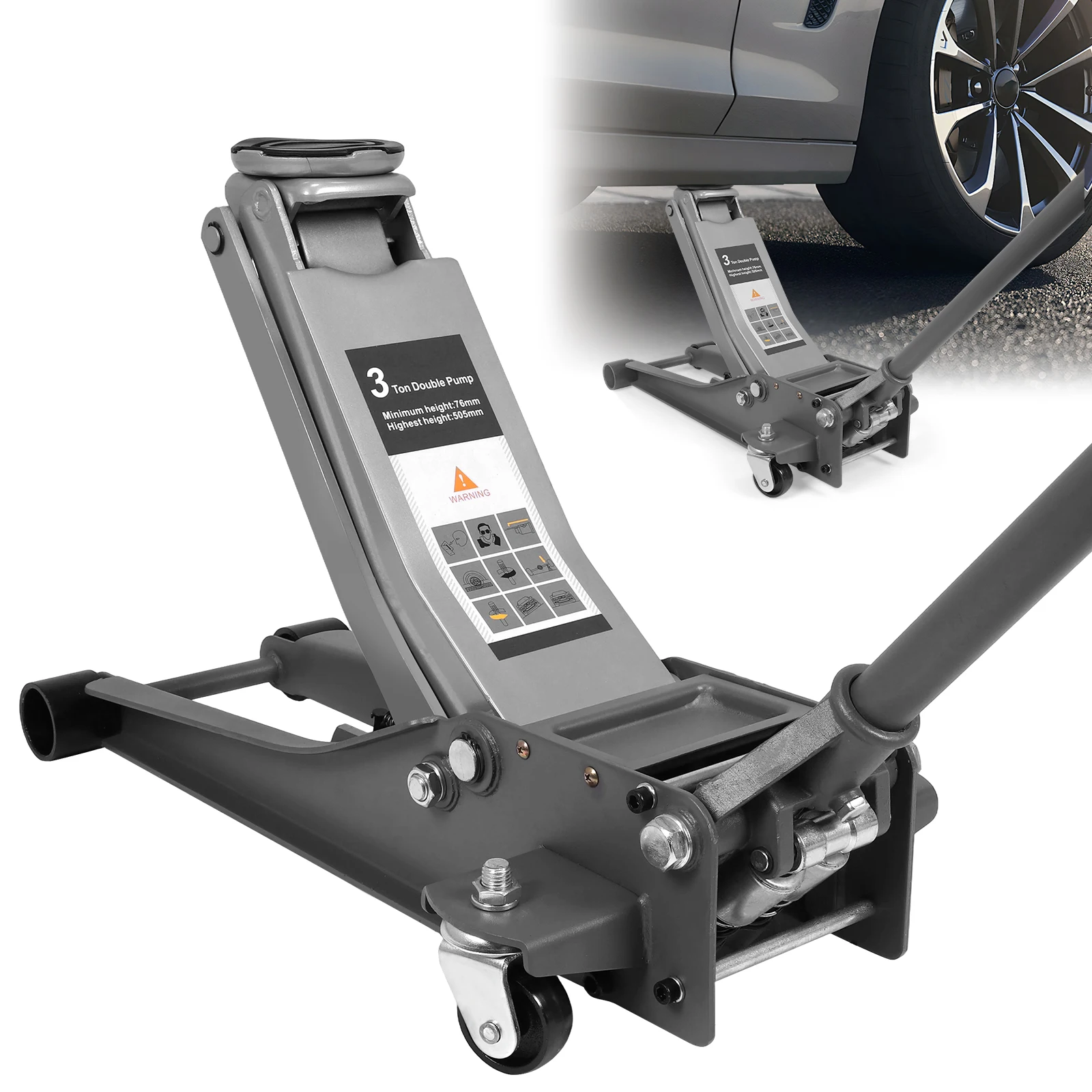 

3T Dual Pumps Hydraulic Lift with Big Wheels Heavy Duty Hydraulic Jack Rust Proof For Small Cars & Trucks