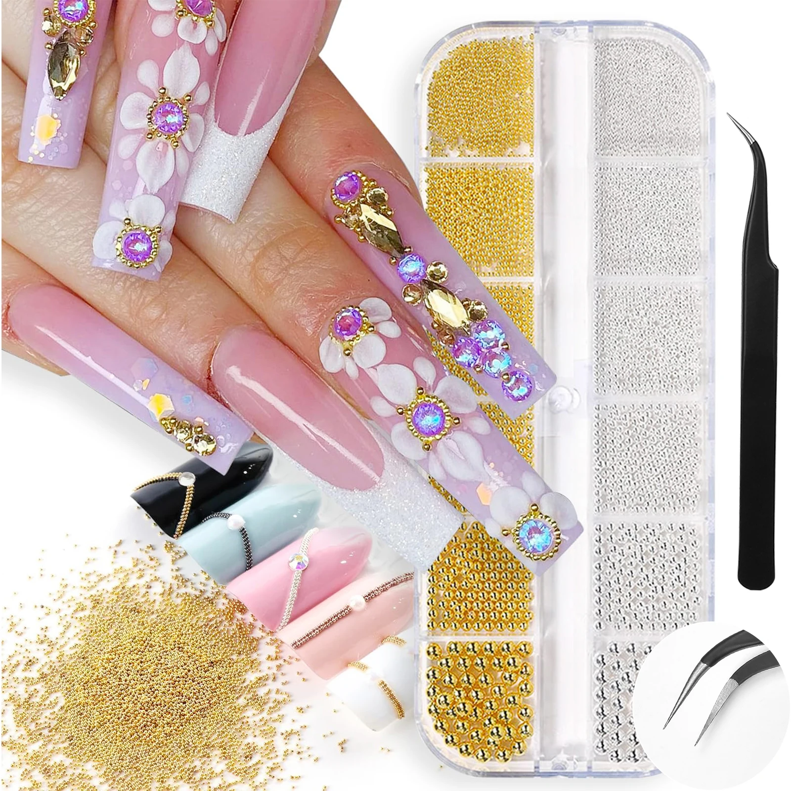 

3D Caviar Nail Beads Metal Nail Charms Gemstones Gold Silver Steel Beads Jewelry Mixed Size for Nail Decoration