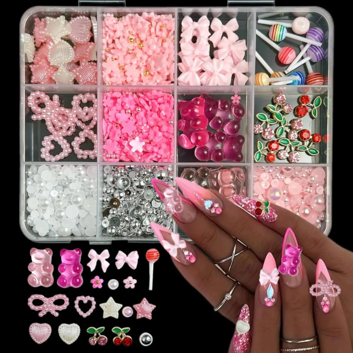 

1Box Multiple Style Bows Resin Nail Charms Colorful Simulated Lollipop Fudge Heart Alloy Cherry Mixed Nail Art Decorations DIY