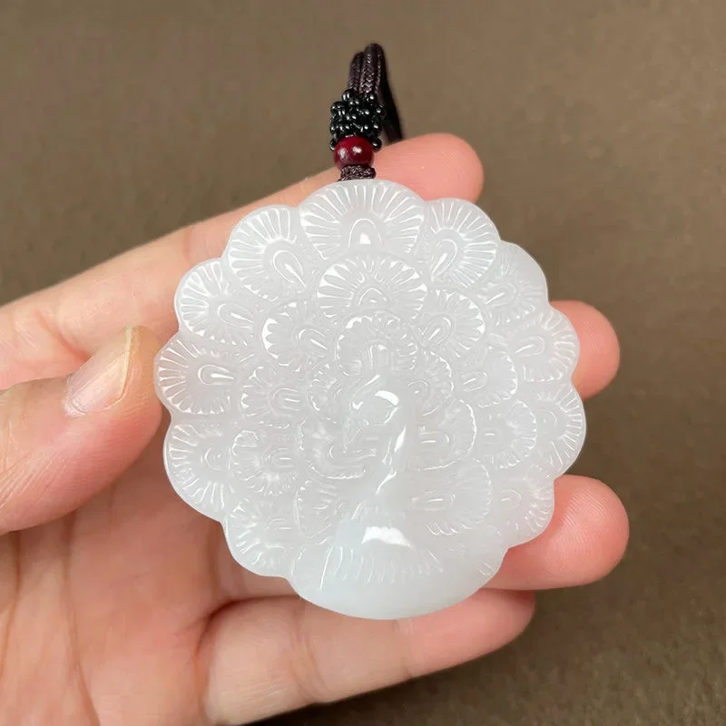 Hotan White Jade Peacock Necklace Pendant Natural White Chalcedony Chinese Fashion Charm Jewelry Carved Amulet Gift Women Men