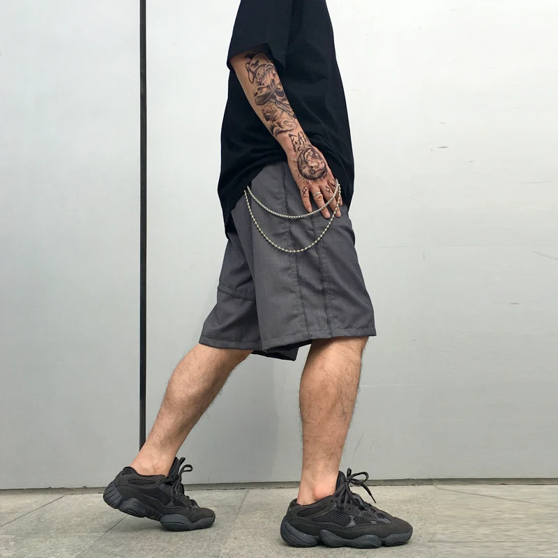 

Модные мужские хлопковые шорты в стиле Харадзюку с цепочкой на талии, ретро-брюки прямого кроя длиной до колена, повседневные рабочие брюки
