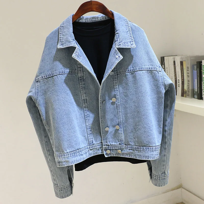 

Autumn Vintage Light Blue Denim Jacket Women Loose Short Cowboy Outerwear Long Sleeve Double Breasted Jeans Jacket Coat Female