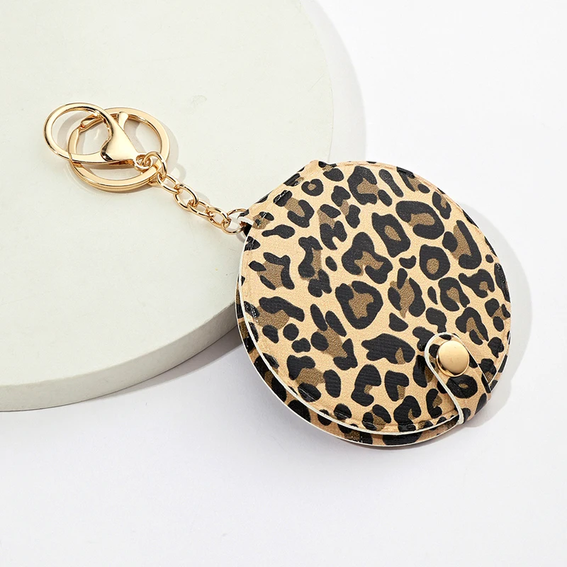 Leopard print makeup mirror keychain pendant with PU leather double-sided mirror Key Chains for bag decoration