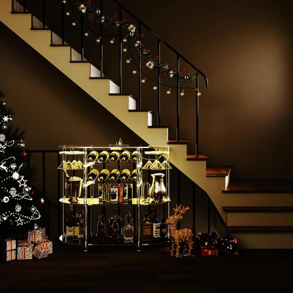 Acrílico Transparente Vinho Armário com Estação de Carregamento e Luzes LED, Vidro Rack e Wine Rack, Home Bar Gabinete