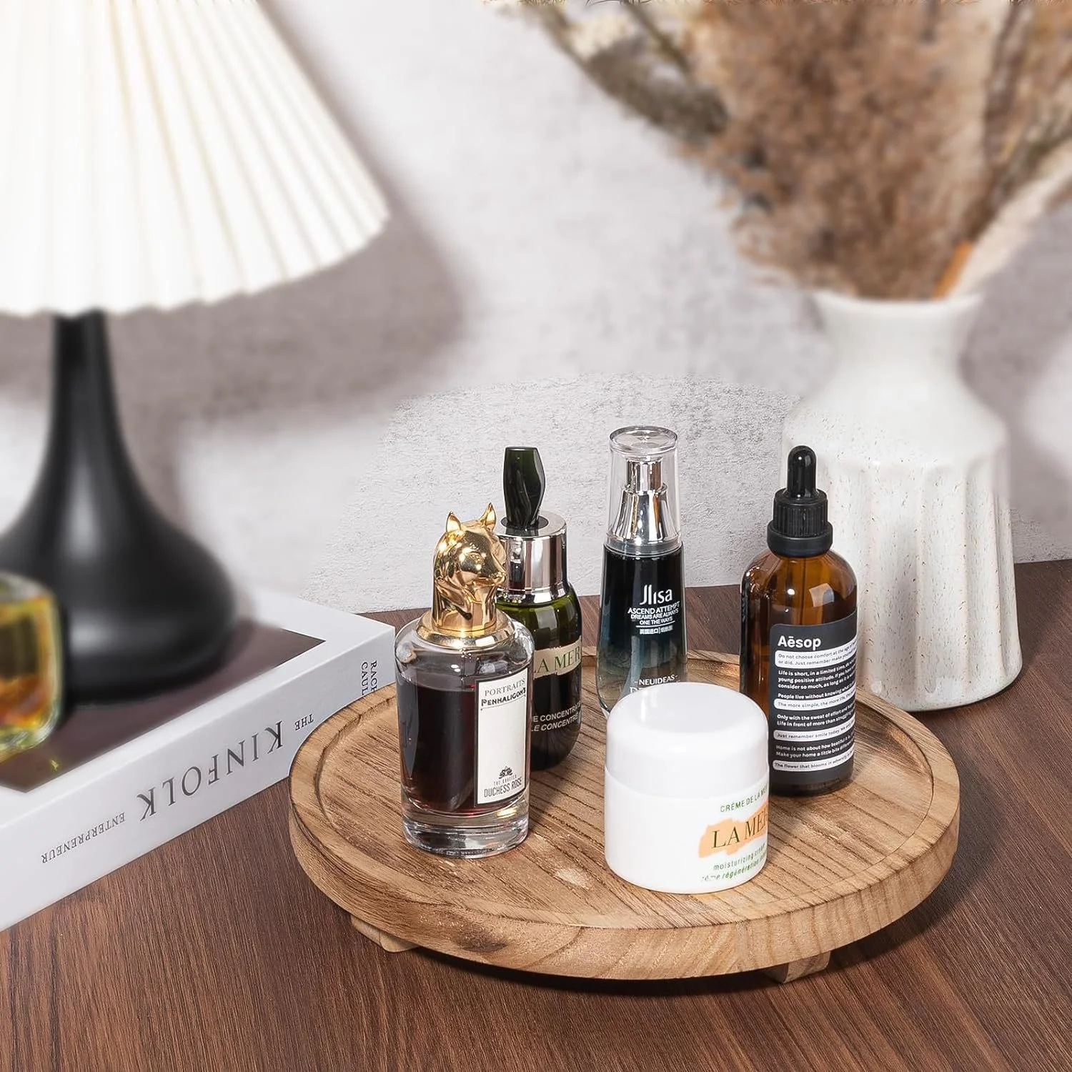 

Solid Wood Round Aromatherapy Tray, Tabletop Cosmetics, Display Rack, Wooden Vertical Tall Candle Tray, Whit Base