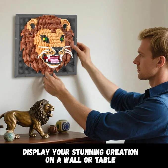 Creative Wall Art Frame Painting Featuring Lion DIY 3D Micro Animal Building Block Toy for Adults Wall Hanging Home Decor Gifts