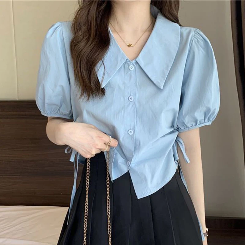 Gidyq Y2K Women White Shirts Summer Fashion Lace Up Shirring Female Short Sleeve Tops All Match Cropped Puff Sleeve Blouse