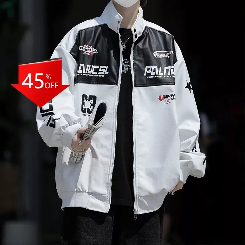 y2k American Style Men's Street Biker Clothes Loose Colorblock Top motorcycle jacket coats jackets for men cuero hombre