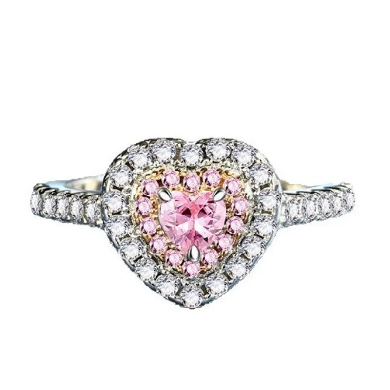 LENNIK S925 Silver Pink Love Ice Flower Cut Ring Gold Plated Women's Ring Zircon Wedding Full Diamond Ring