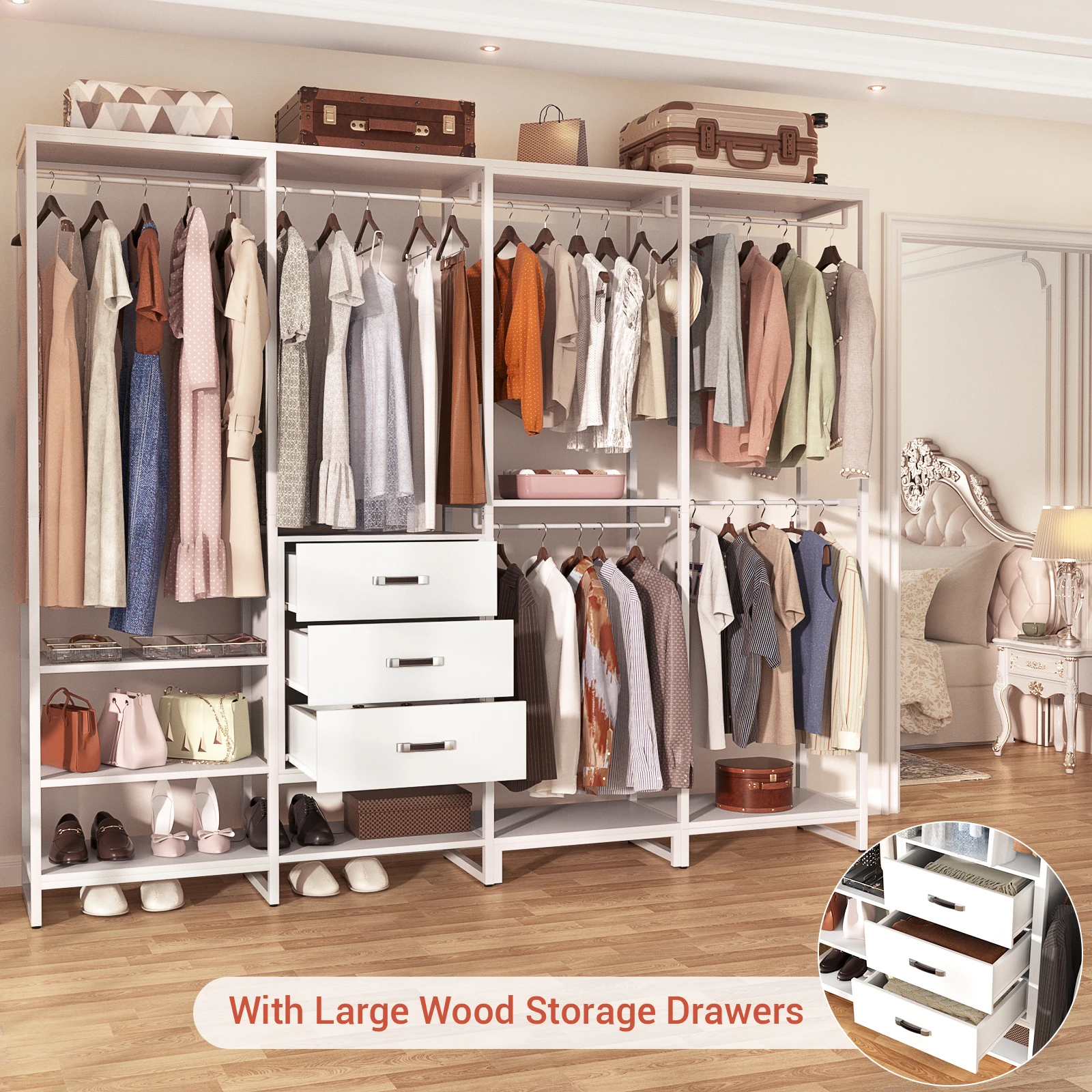 Aheaplus L-Shaped Closet System with 3 Wood Drawers, Heavy Duty Garment Rack Wardrobe Organizer, Large Corner Clothes Rack for Hanging Clothes, Walk-in Closet for Bedroom – Pure White