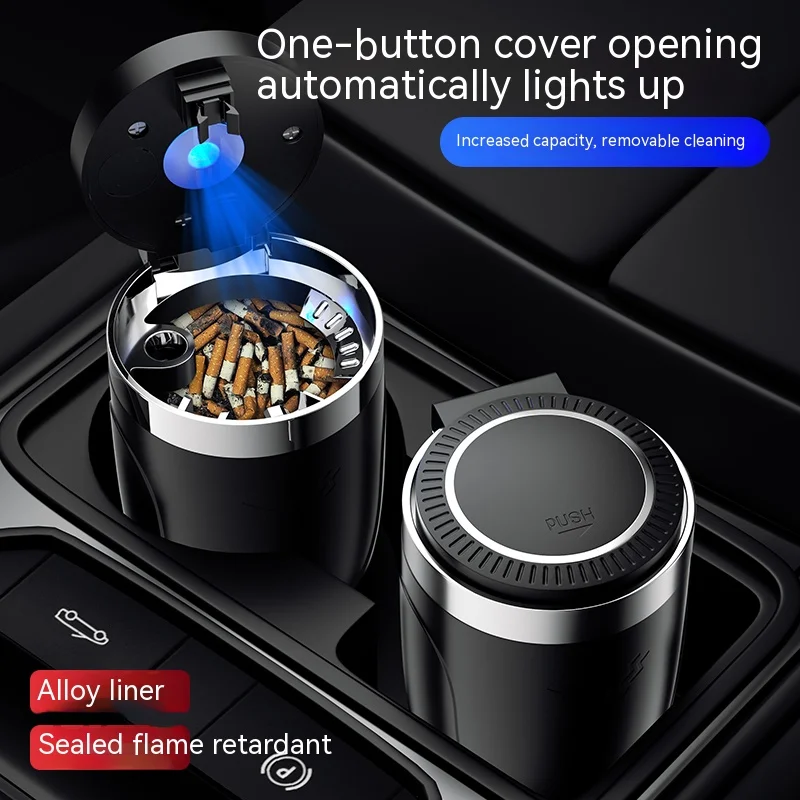 Car Ashtray with Lid Smell Proof Stainless Steel Blue Led Portable Ashtray Cup for Auto Fireproof Shell One Touch Open