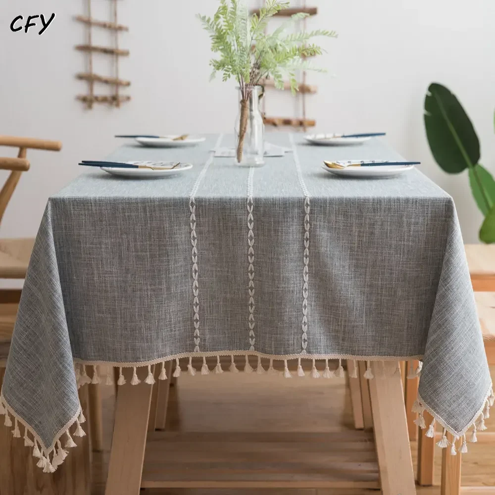 Cotton Linen Tablecloth Striped with Tassel Waterproof Oilproof Thick Rectangular Wedding Dining Table Cover Tea Table Cloth