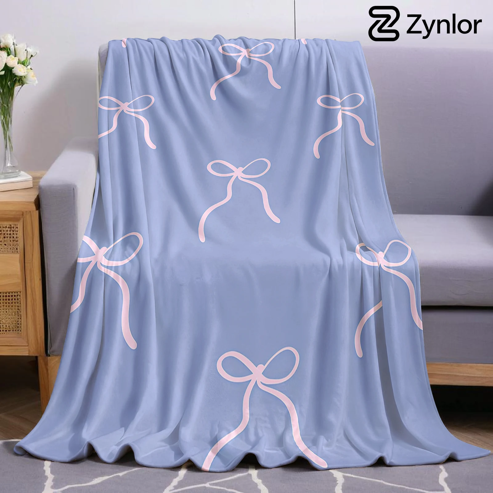 Lilac Pink Bow Cartoon Anime Print Flannel Blanket Soft Warm Throw for Kids Bedroom Sofa Bed Christmas Office Car