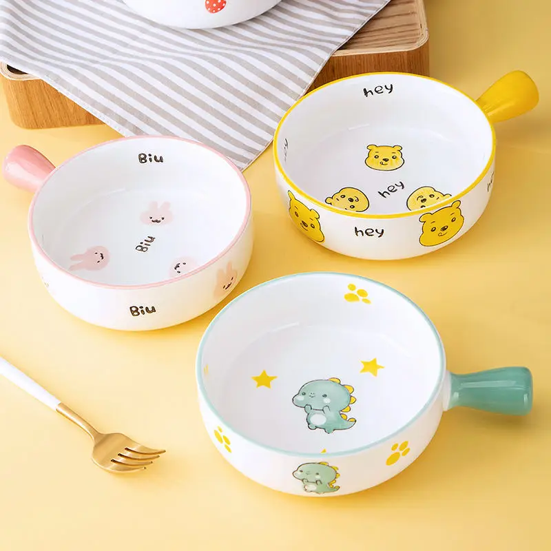 

Ceramic instant noodles bowl single handle bowl cute cartoon fruit salad household creative handle breakfast plate baked