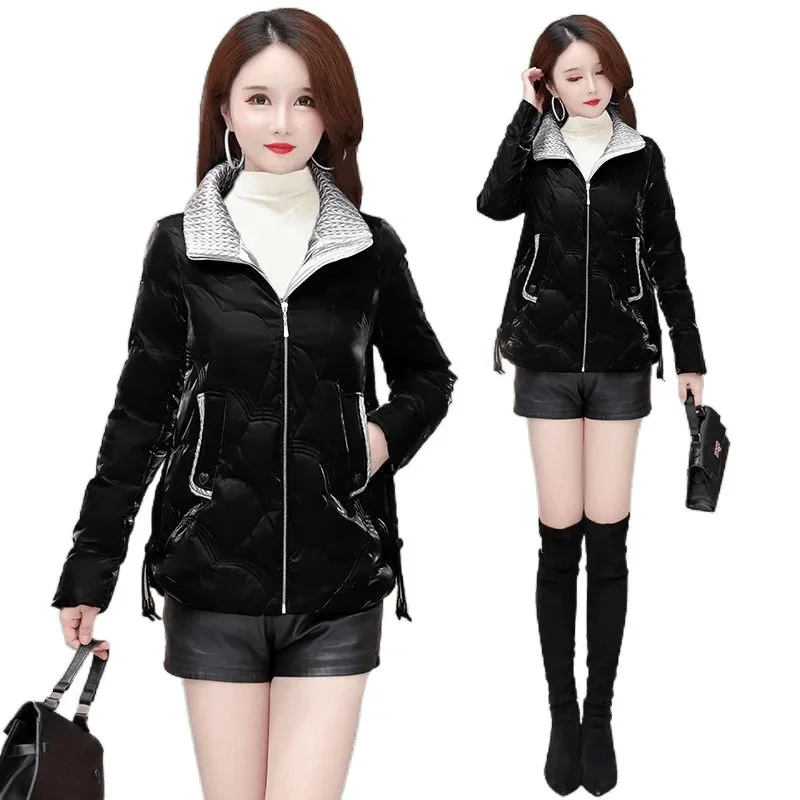 Glanzende stof donskatoenen jassen dames winter nieuwe mode casual verdikte korte losse lange mouwen jas dameskleding