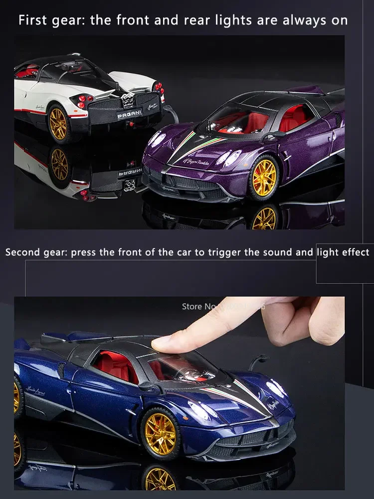 1:24 Schaal Pagani Huayra Sportwagen Speelgoedmodellen Legering Diecast Geluid Licht Deuren Geopend Trek Verjaardag Supercars Cadeaus voor Kind