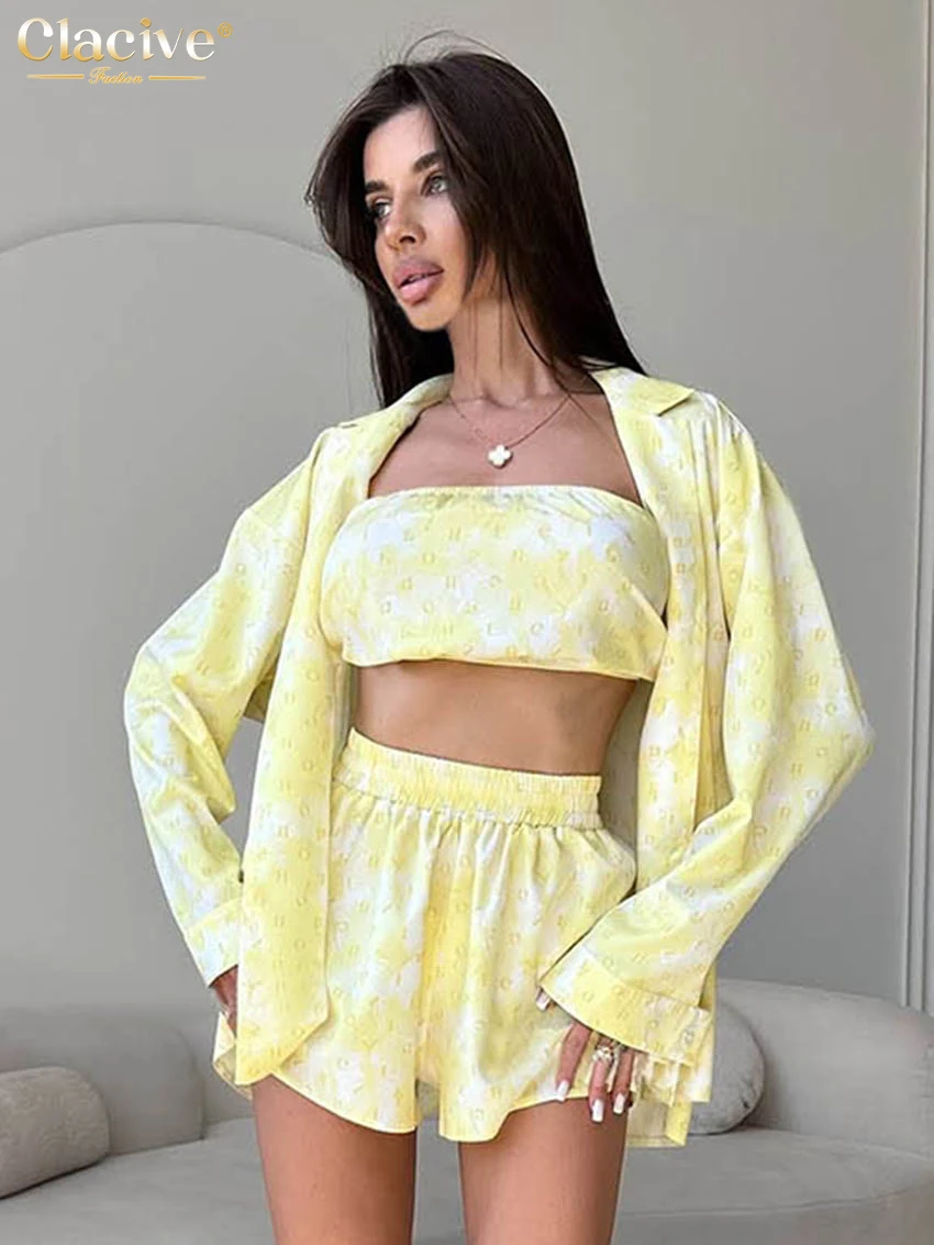 クラシックファッション ルーズプリント レディース3点セット 2025 エレガント長袖シャツ+ハイウエストショートパンツセット 女性用