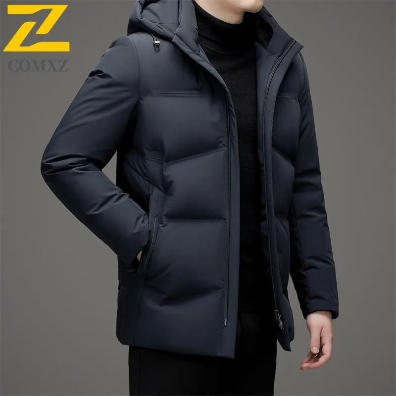 COMXZ Mens Down Jacket Classic Hooded Outdoor Office Cold Protection Parka Business Casual Lightweight Autumn Winter Coat