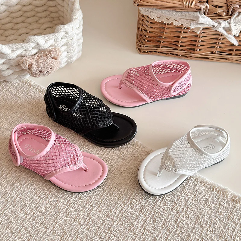 Pink White Fishnet Thong Sandals Kid Girl Summer Mesh Beach Shoes Child Casual Outdoor Net Gladiator Sandals Slip-on Flip Flops