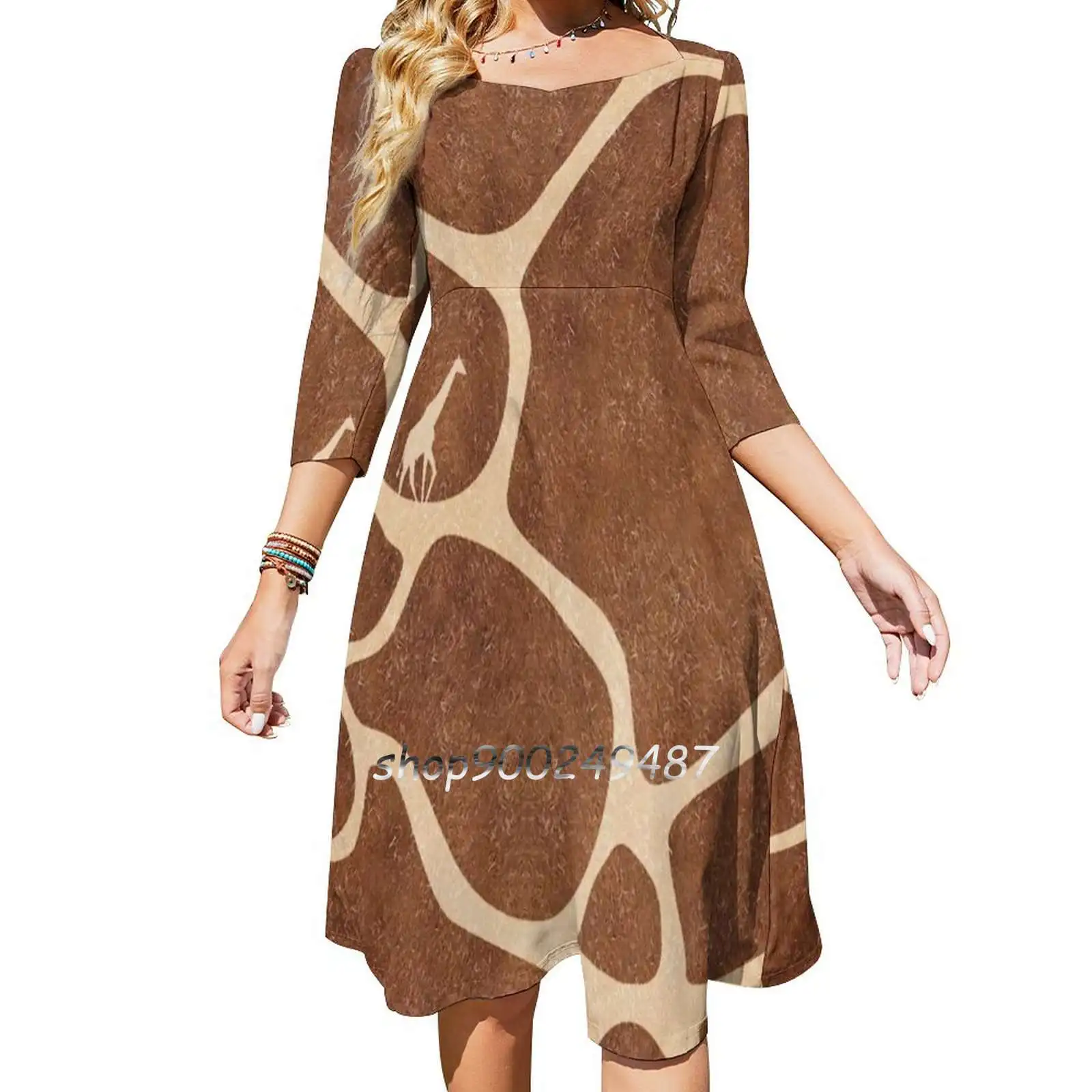 Giraffe Print And Animal Sweet Elegant Dress Women Korean Kawaii Square Collar Dress Giraffe Animal Zoo Brown Yellow Pattern