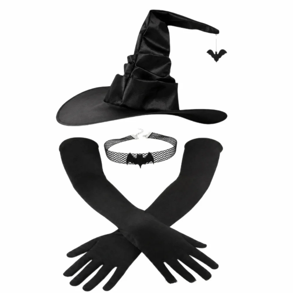 3/4pcs Gothic Style Pleated Witch Costume Curved Brim Mesh Shiny Witch Hat Gloves Spider Halloween Cosplay Outfit Halloween