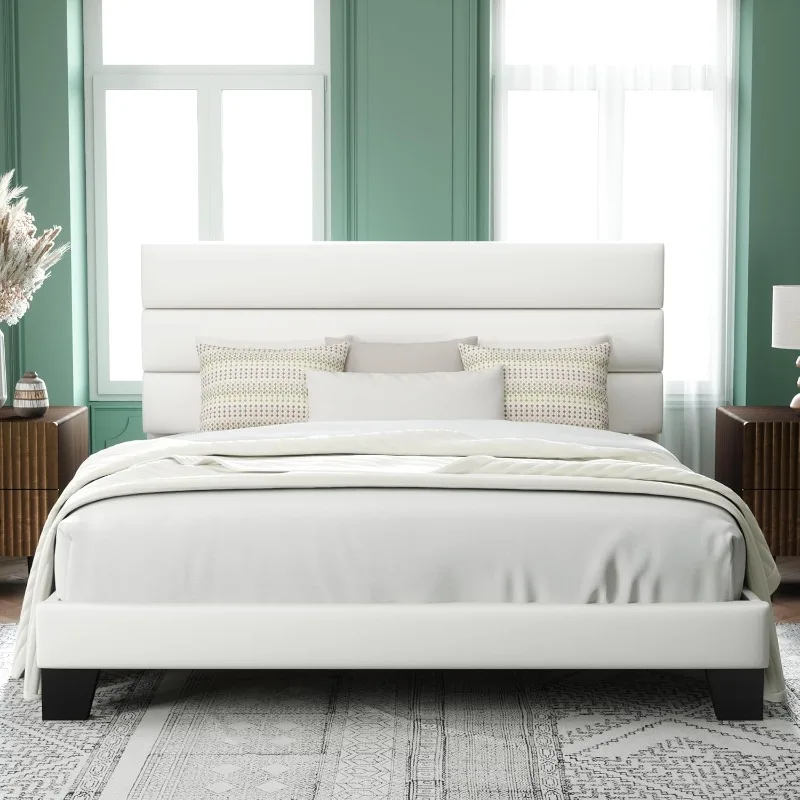 King Size Platform Bed Frame with Velvet Upholstered Headboard and Wooden Slats Support Fully Upholstered Mattress Foundation