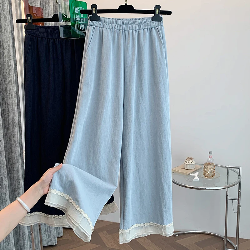 بنطلون نسائي واسع الساق بخصر مرتفع، تصميم جديد لصيف 2023، مريح وفضفاض من مزيج القطن مع كشكشة