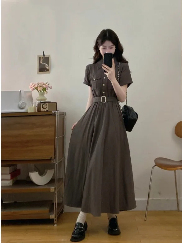 

plus Size Women's Shirt Dress Short Sleeve Waist Cinched Summer New Style High Waist Korean Version City Commute Long Dress