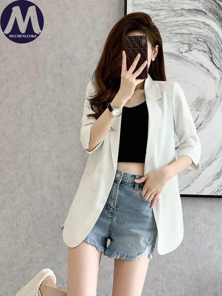 Blazers for Woman Summer Autumn Elegant Half Sleeve Double-breasted Office Blazers Coats Fashionable Casual Loose Women's Coat