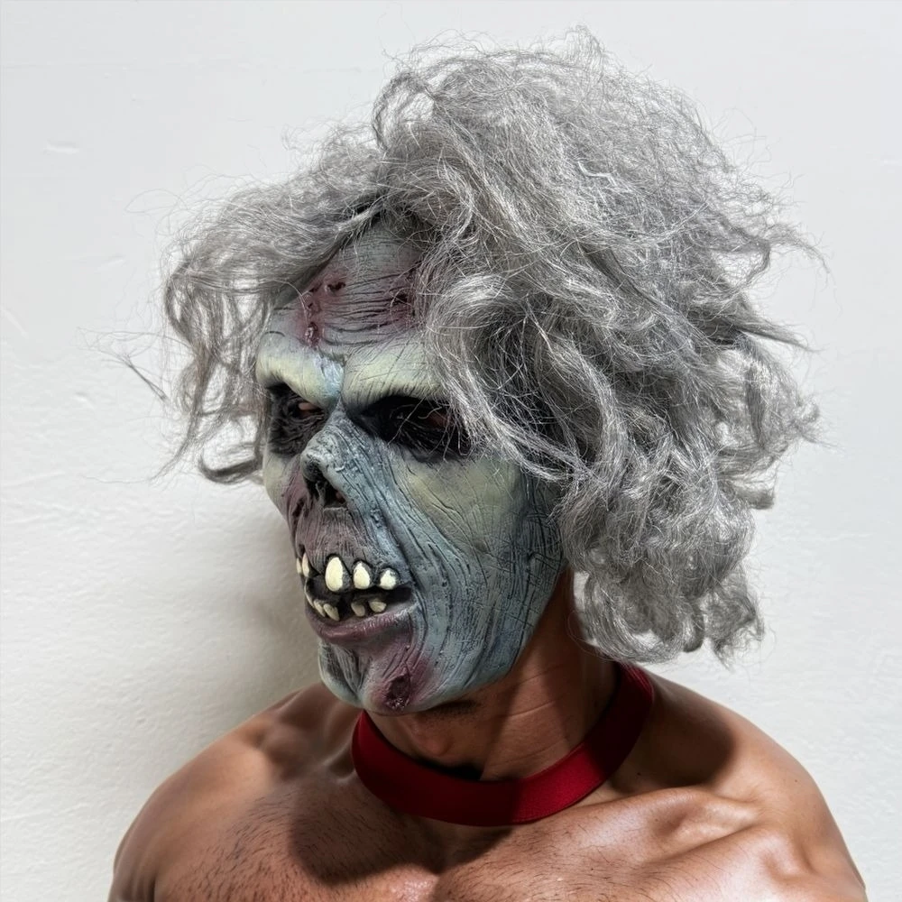 Maska Zombie Martwy Ludzik z Szarych Włosów dla Dorosłych z Gumą, Krewą, Szczęką, Rany na Halloween, Szczegółowe Złe Zęby, Dodatek do Kostiumu