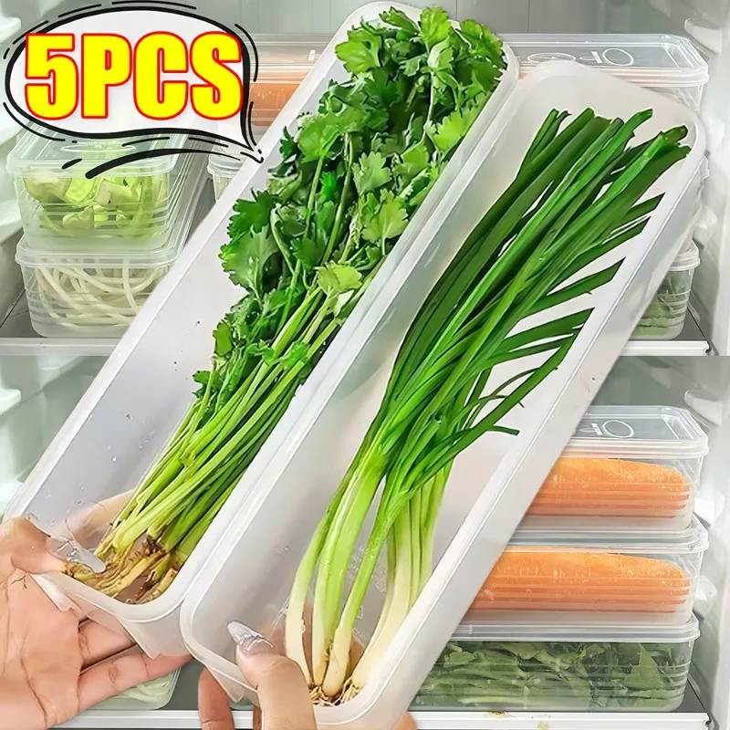 

1/5PCS Fresh Box Refrigerator Storage Boxes Scallions Food Container with Lid Cold Crisper Kitchen Fresh Fruit Fridge Organizer