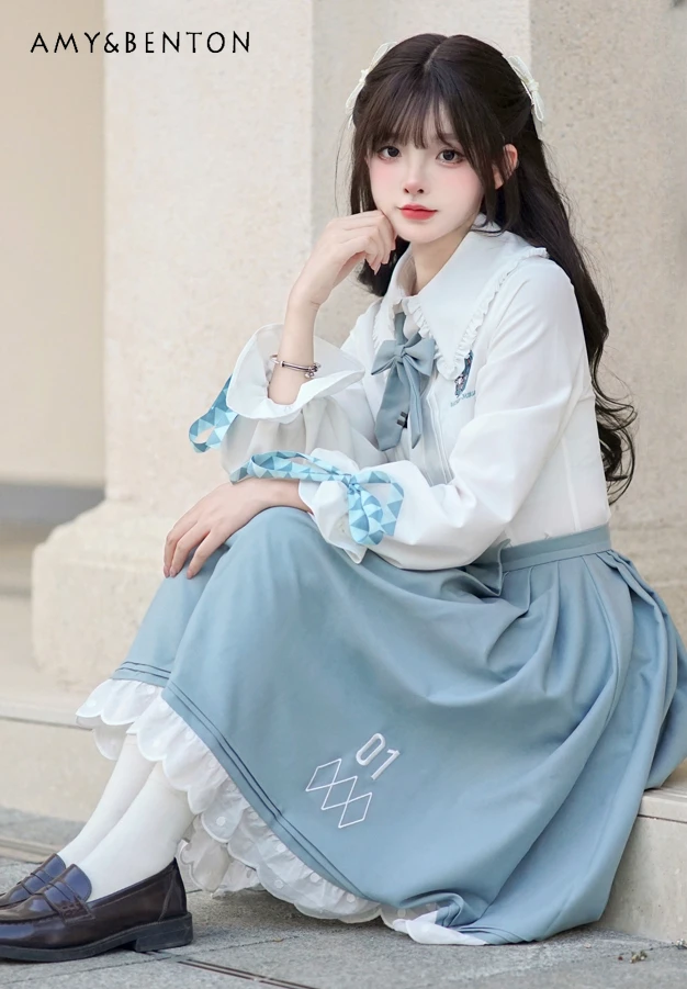 Conjunto de dos piezas para mujer, camisa de longitud media con solapa y lazo colgante, Top de Anime, vestido de princesa elegante, estilo Kawaii japonés, novedad de otoño