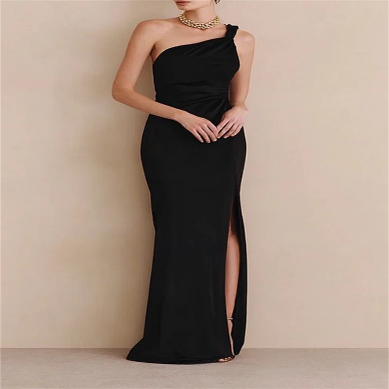 

2024 New Sexy Split Long Black Evening Dresses for Women Backless Bodycon One Shoulder Formal Gown Club Dress Customized