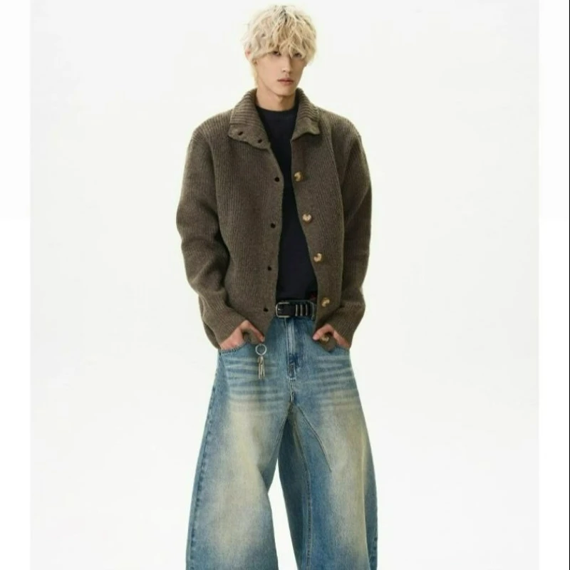 American Retro Button-up Stand-up Collar Cardigan Sweater Men's 2026 Autumn New Fashionable Laid-back Versatile Knitted Pullover