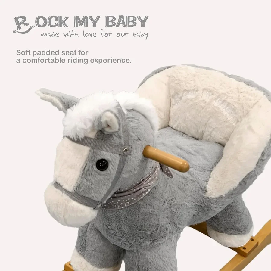Schommelend grijs paard met stoel Pluche gevulde schommelpony met realistisch geluid Baby-schommeldier voor peuters 13-rit op CPC Ce