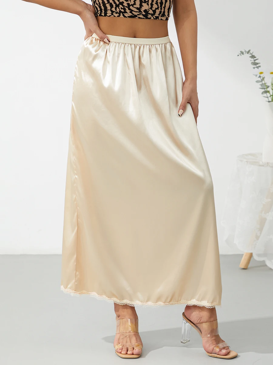 Femmes Satin dentelle longue sous-jupe antistatique taille élastique doublure intérieure jupe Maxi pour sous les vêtements Slip couleur unie jupes