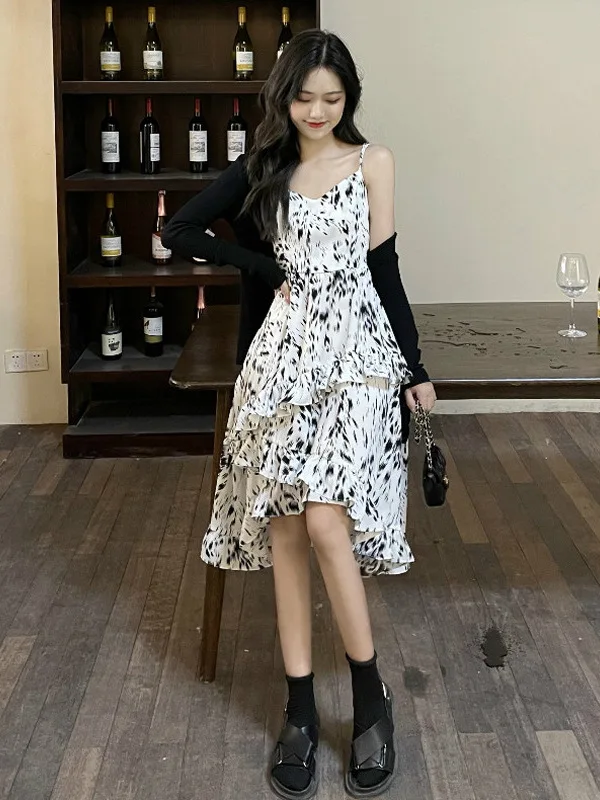 

French first love gentle wind broken flower suspender dress women's summer design print small temperament long dress7Z0W