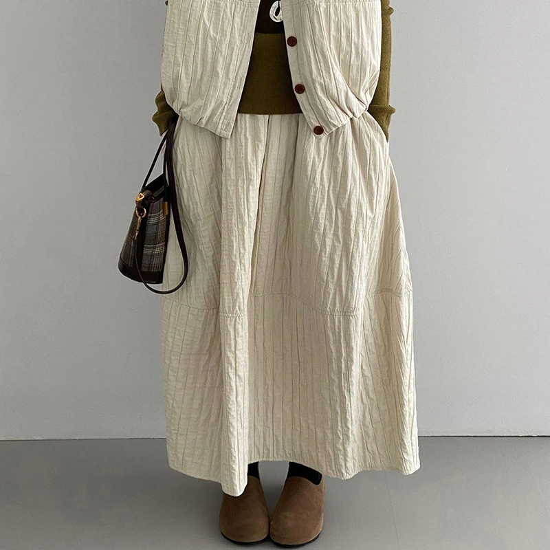 

Высококачественная женская повседневная длинная юбка, Новое поступление, осень 2025 года, простой стиль, однотонные женские юбки трапециевидной формы с высокой талией T812