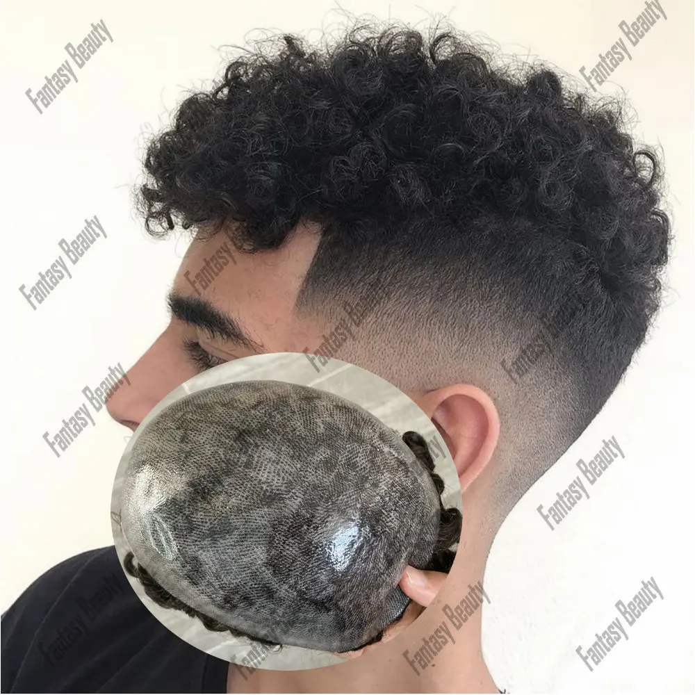 

15MM Afro Men Curly Toupee Natural Hairline Black Men Human Hair Wig 0.1mm Super Durable Full Skin PU Base Microskin Male System