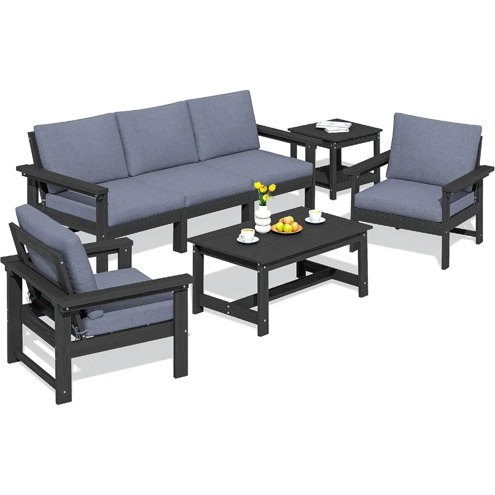 

HDPE Patio Furniture Set, 7-Piece Outdoor Sectional Sofa Set, All Weather Outdoor Couch Set for Deck, Lawn, Black Frame with Gr