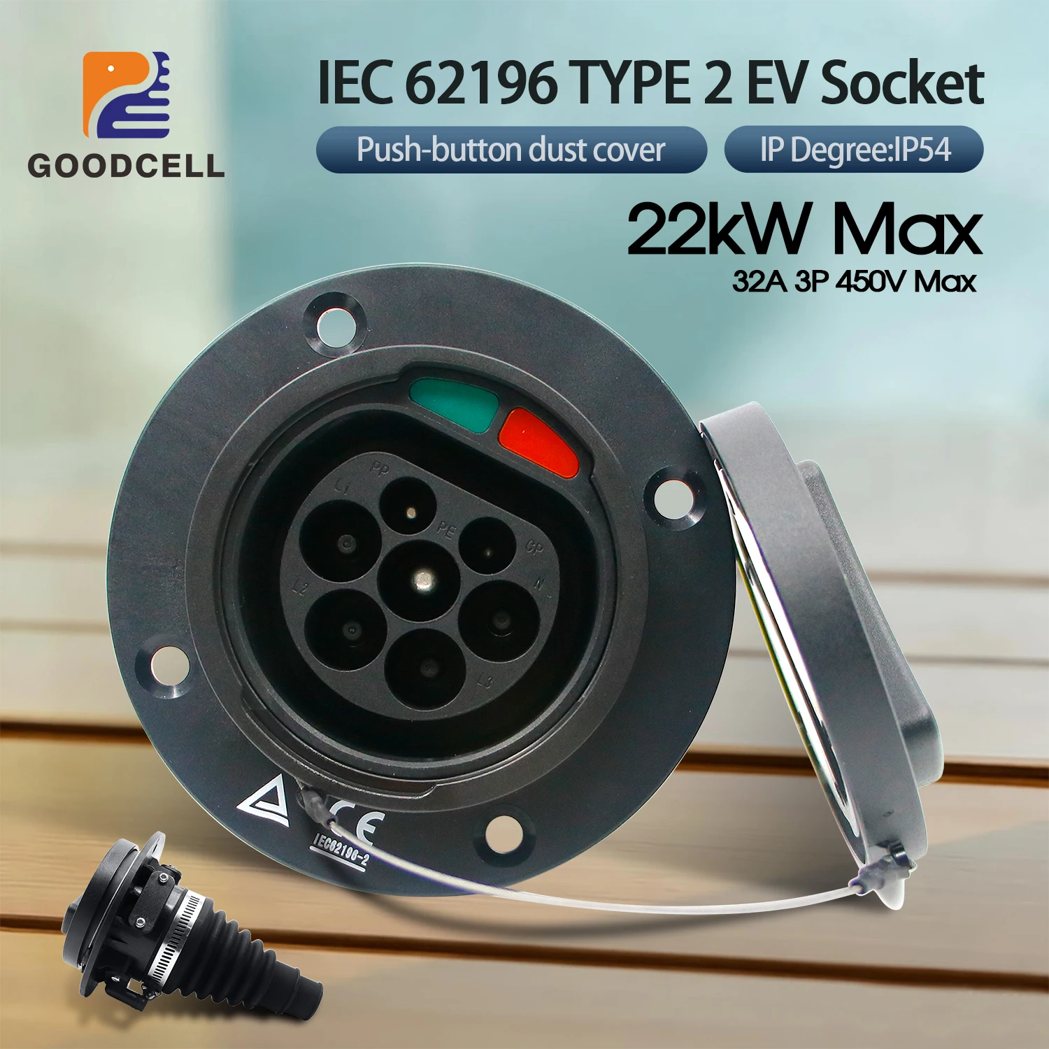 GOODCELL 32A Type 2 EV Charging Socket IEC 62196 European Standard EV Car Side Inlet Socket Without Cable For Electric Vehicle