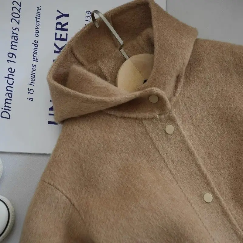 Children Clothing 23 Autumn Winter New Camel Colored Double-sided Hooded Woolen Coat Children Stylish Medium Length Woolen Coat